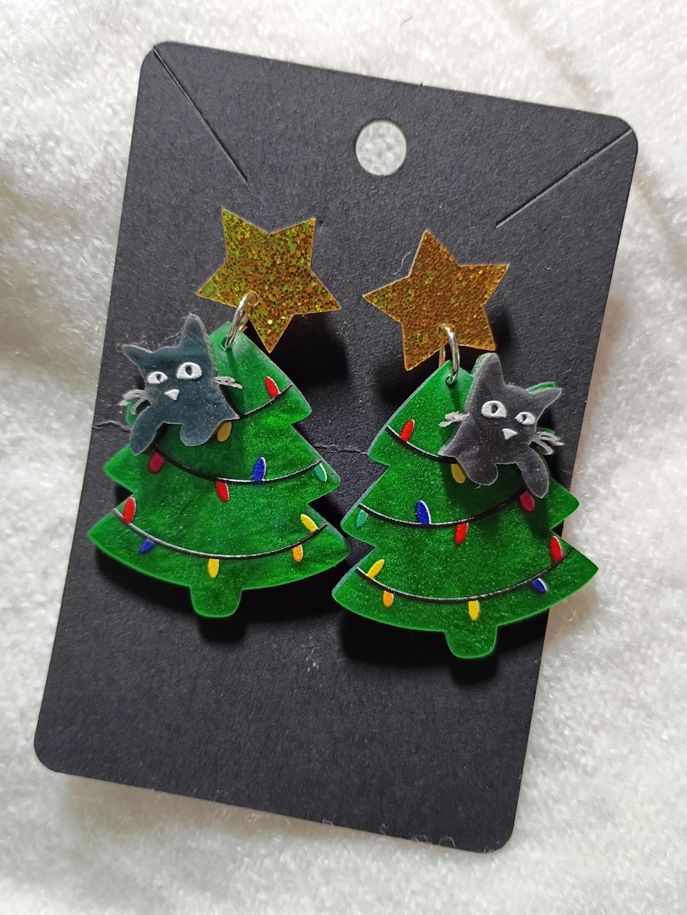 Cat In Christmas Tree Lights Gold Star Post Earrings Festive Kitty Pearl Acrylic